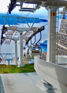 cable cars down to Old Port and cruise ship at anchor