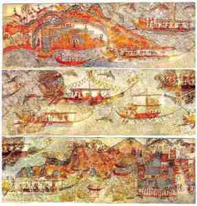 Minoan frescos of boating scenes from ruins at Akratiri