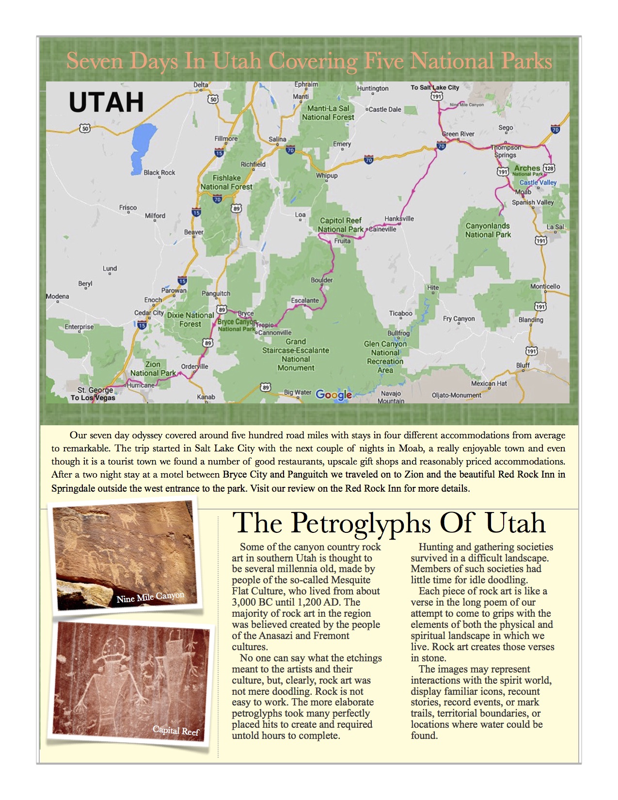 A map of Utah showing a park itinerary. Pictures of petroglyphs