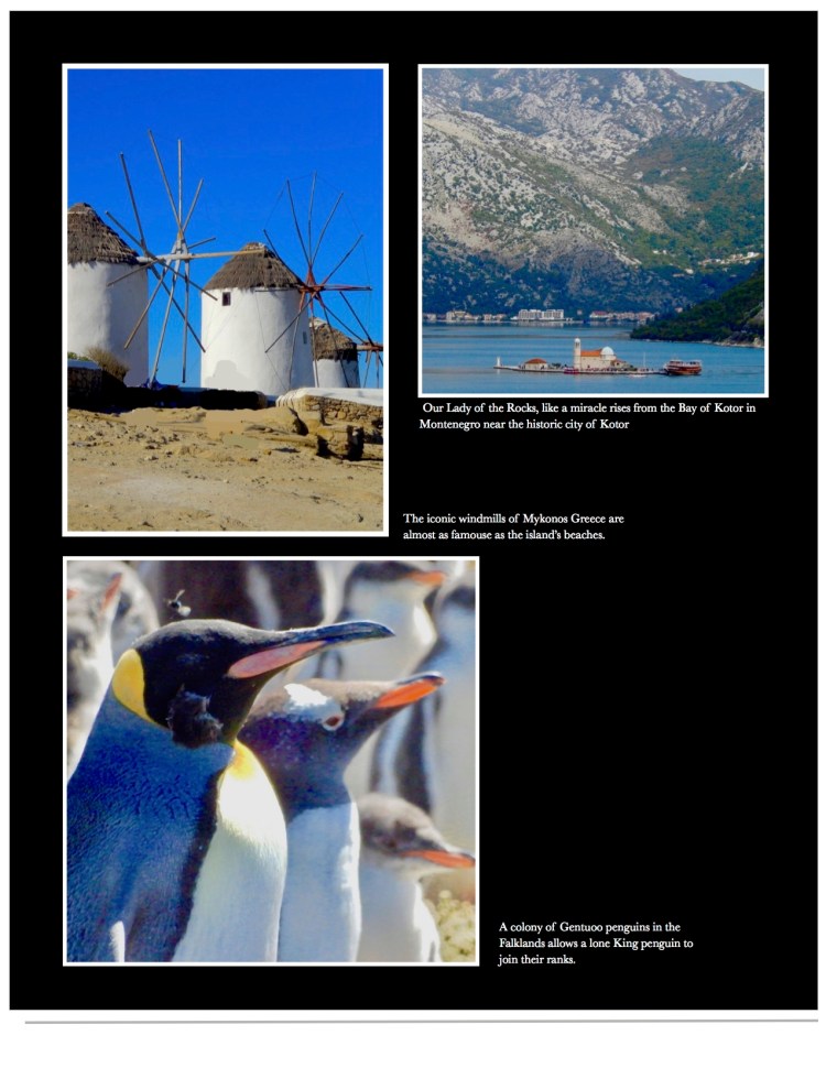 Mykonos, Kotor and penguins in the Falklands.