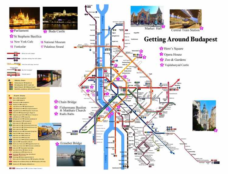 Budapest Map with attractions and mass transit lines and stations