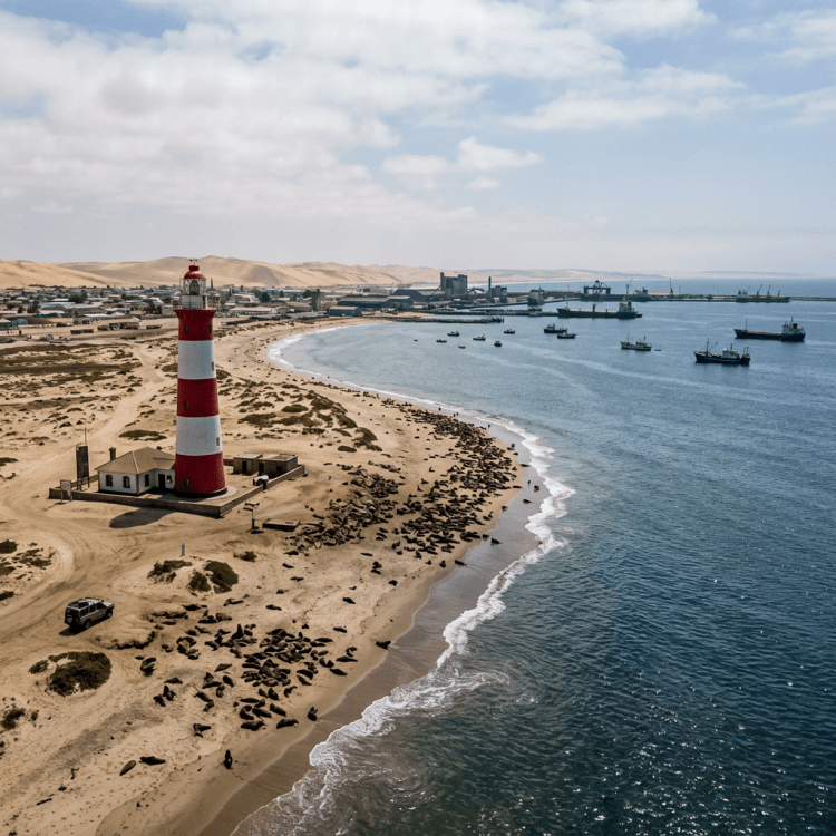 Red and white striped lighthouse on a sandy beach near a harbor with ships and numerous seals on the shore.