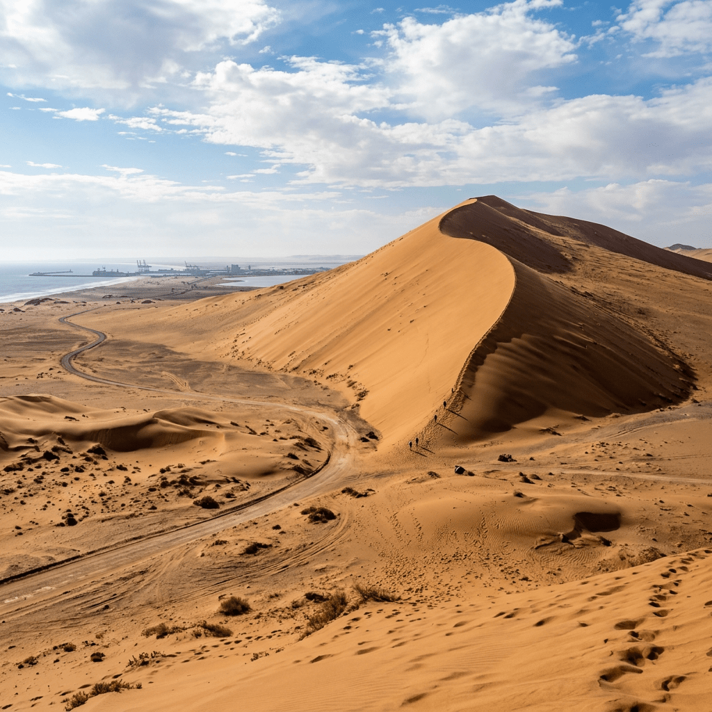 Large sand dunes near a coastal industrial port under partly cloudy sky