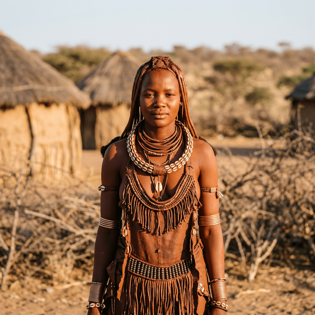 Himba woman wearing traditional dress, jewelry, and hairstyle in village