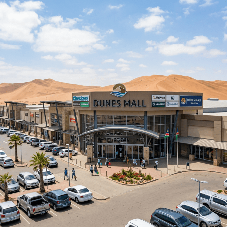 Exterior of Dunes Mall shopping center with cars parked and sand dunes behind