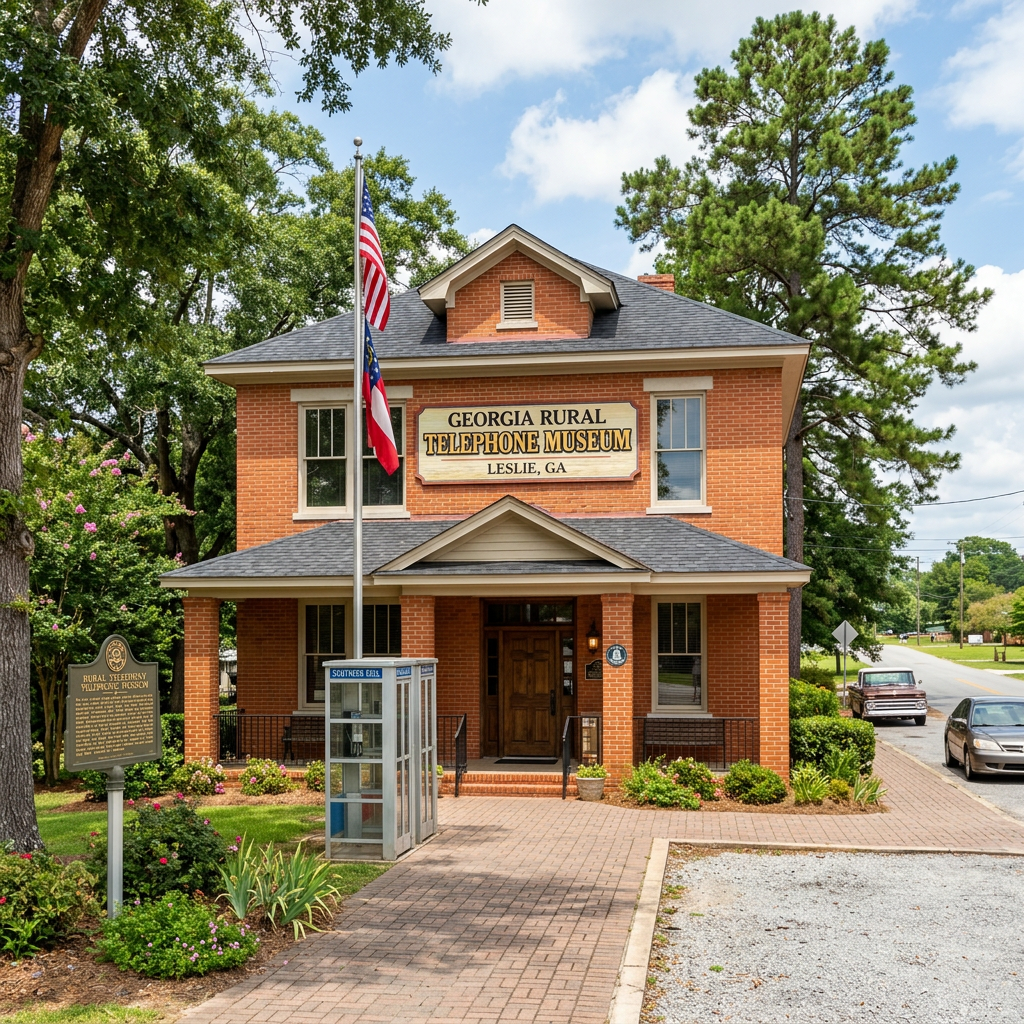 Brick building with sign reading Georgia Rural Telephone Museum, flagpole, and vintage phone booth