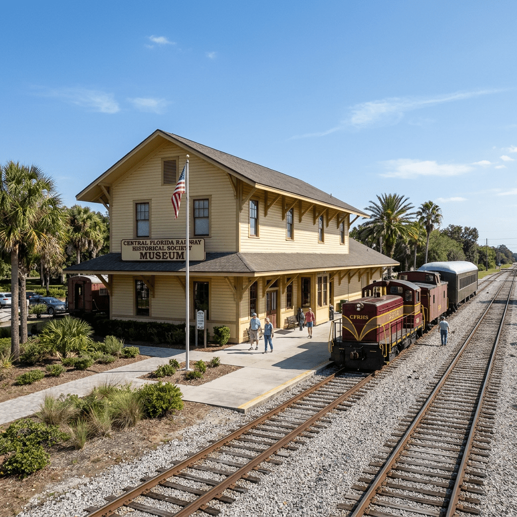 Central Florida Railway Historical Society Museum building with a vintage train and visitors on a sunny day