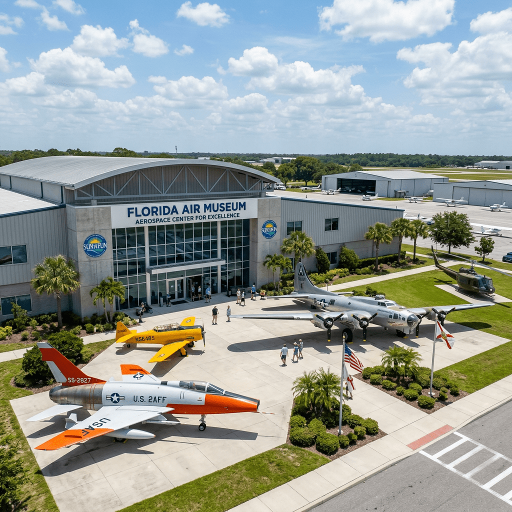 Historic military and civilian aircraft displayed outside Florida Air Museum entrance