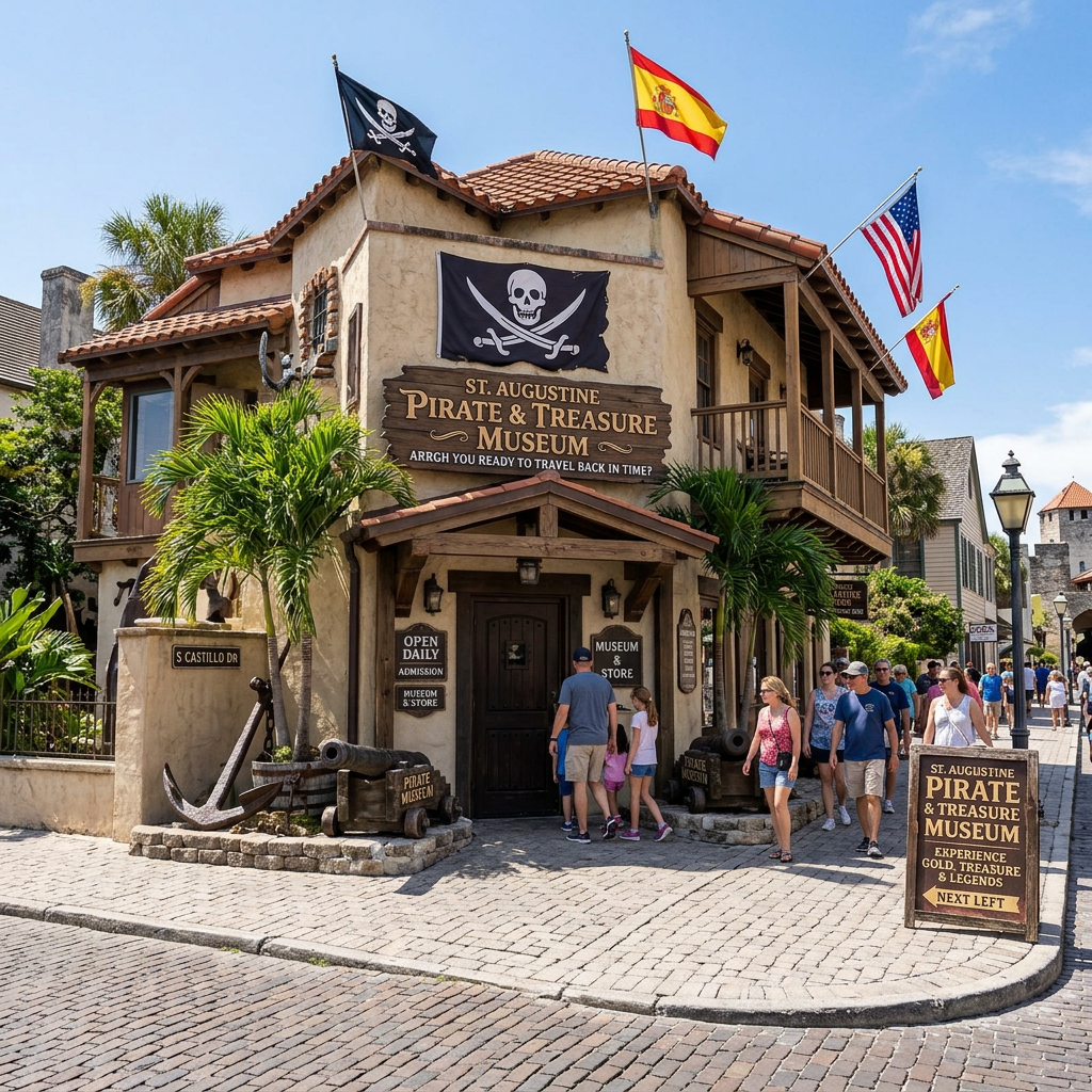 St. Augustine Pirate & Treasure Museum entrance with pirate flags and visitors