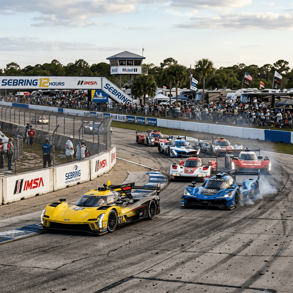 Prototype race cars navigating a turn during the Sebring 12-hour endurance race with spectators in the background