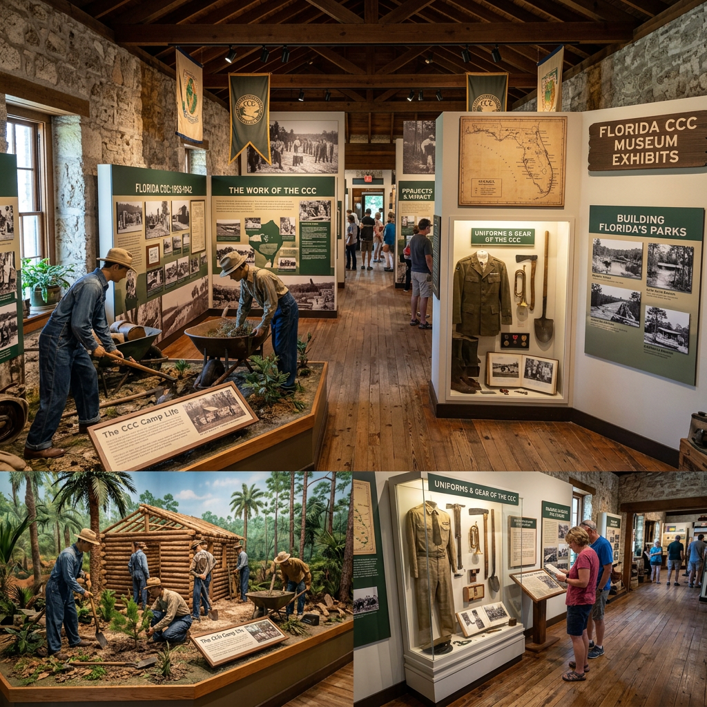 Museum exhibits about Florida Civilian Conservation Corps including uniforms, tools, and dioramas of camp life and building projects